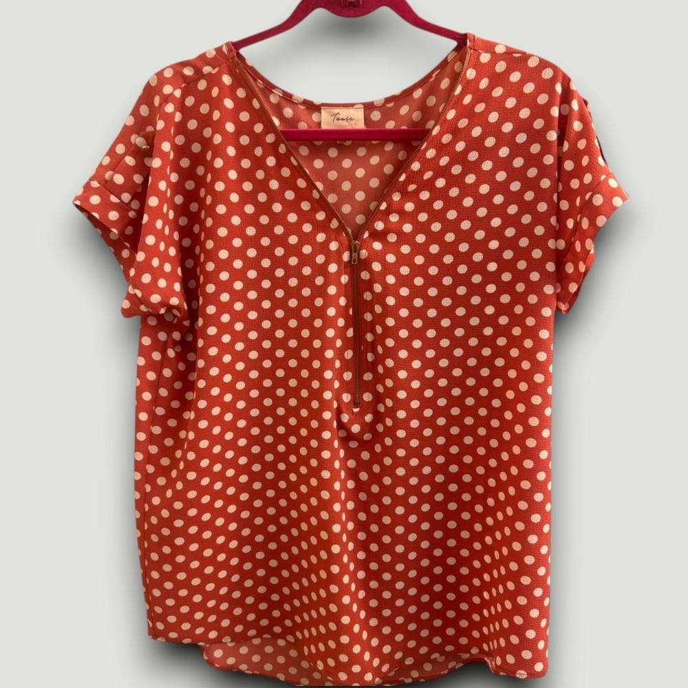 Tovia‎ Womens Blouse Salmon Pink M Polka Dot Rockabilly Retro Officewear Chic